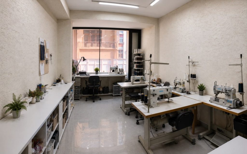 Garment production workshop where BRF Apparel manufactures women's woven samples.